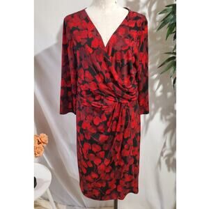 Chaps x Ralph Lauren Crossover Drape 3/4 Sleeve Faux Wrap Dress Sz XL Red Black
